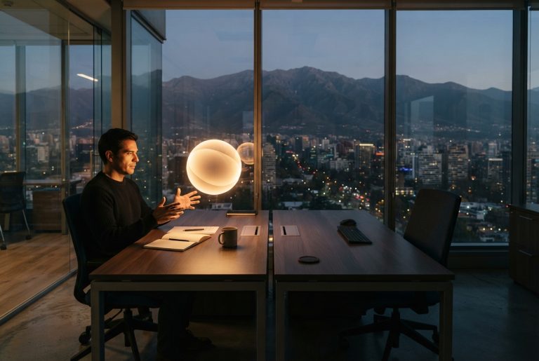 Oficina en Santiago de Chile al atardecer con una esfera de luz abstracta sobre un escritorio, simbolizando a la empresa citada por la inteligencia artificial frente a la ignorada